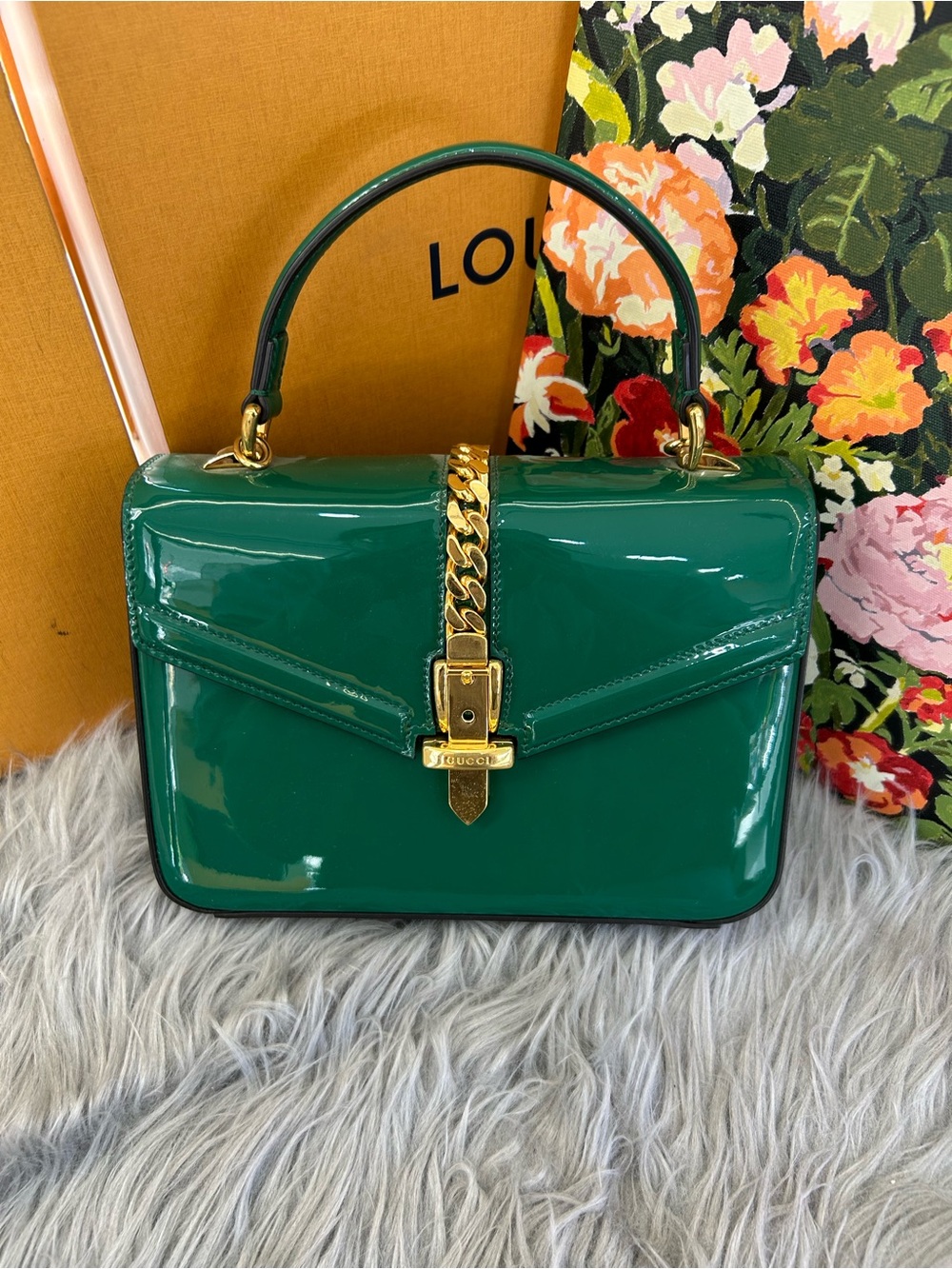 Gucci Emerald Green Patent Leather Top Handle Satchel with Gold Chain